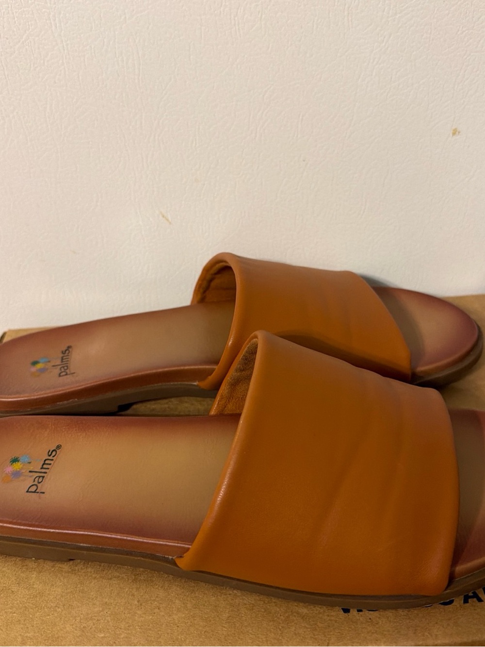 Palms Women’s Cognac Slide Sandals — Single-Band Leather-Look Comfort